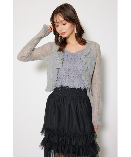 rienda（リエンダ）の「シアーフリルショートカーディガン 秋服 シアートップス（カーディガン/ボレロ・レディース・グレー/ベージュ/ピンク・FREE）」の7枚目の写真