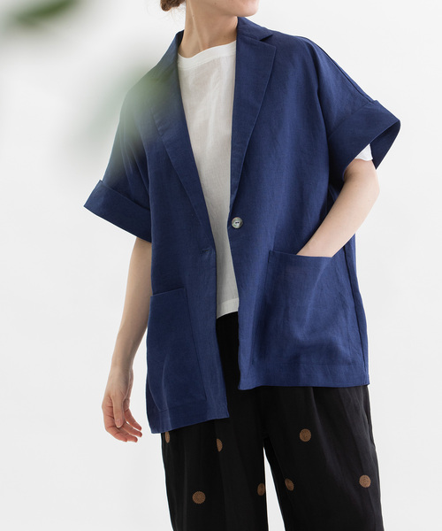 nop de nod(ノップドゥノッド)の「ラミー半袖シャツジャケット(シャツ/ブラウス・レディース・オフホワイト/ブラック/ダークブルー・M)」の3枚目の写真
