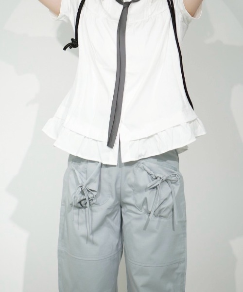 Never mind the XU / Chikashitsu+(ネバーマインド ザ エックスユー / チカシツプラス)の「【Nerd out XU】ribbon string shorts / 【ナードアウトエックスユー】リボンストリングワイドハーフパンツ(カーゴパンツ・レディース・チャコール/グレー・M)」の8枚目の写真
