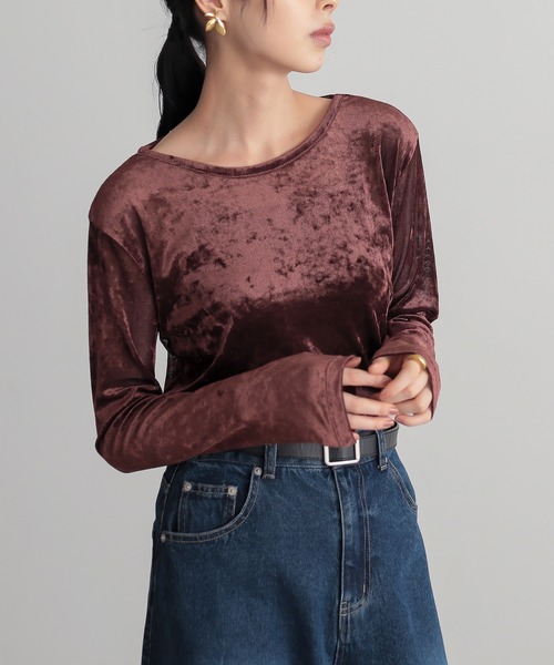 for/c(フォーシー)の「サマ見えチュールベロアロングスリーブトップス【サスティナブル】(Tシャツ/カットソー・レディース・ベージュ/グレー/ブラウン/チャコールグレー・M/L)」の3枚目の写真