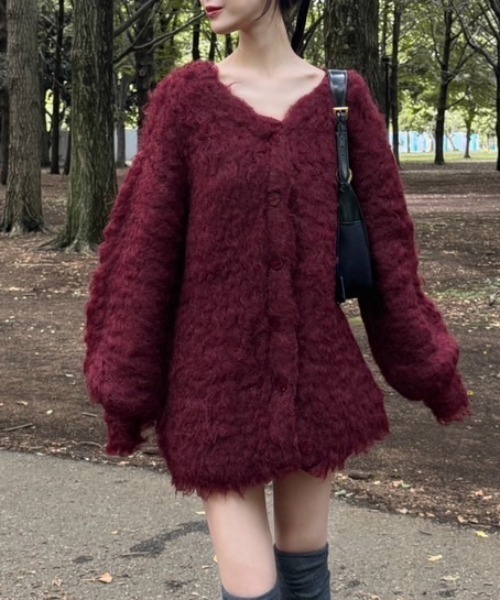 mellowneon（メロウネオン）の「シャギーニットロングカーディガン（カーディガン/ボレロ・レディース・ピンク/チャコールグレー/グレー/オフホワイト/ベージュ/ボルドー/ブラウン・FREE）」の7枚目の写真