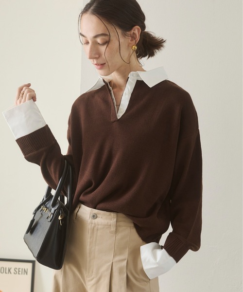 ANGIE（アンジー）の「シャツ襟 ドッキング　フェイクレイヤード ニット トップス（ニット/セーター・レディース・グレー/ブラウン/ライトグレー/ネイビー/グレー系/ネイビー系/ブラウン系その他・FREE）」の4枚目の写真