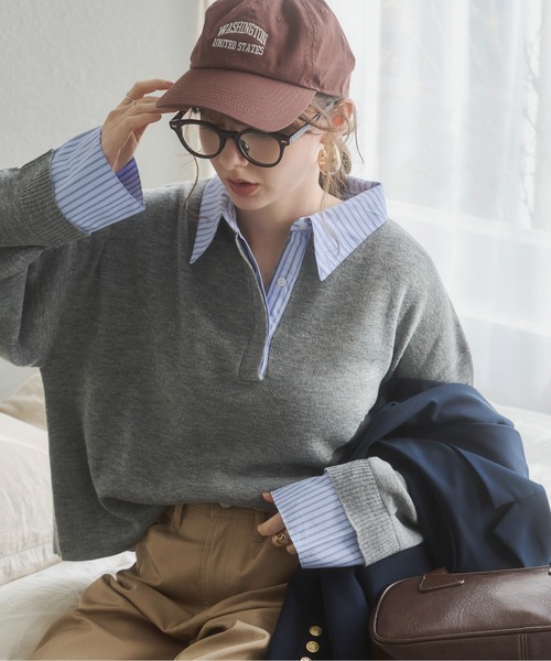 ANGIE（アンジー）の「シャツ襟 ドッキング　フェイクレイヤード ニット トップス（ニット/セーター・レディース・グレー/ブラウン/ライトグレー/ネイビー/グレー系/ネイビー系/ブラウン系その他・FREE）」の2枚目の写真