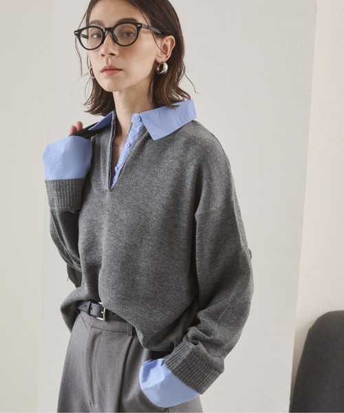 ANGIE（アンジー）の「シャツ襟 ドッキング　フェイクレイヤード ニット トップス（ニット/セーター・レディース・グレー/ブラウン/ライトグレー/ネイビー/グレー系/ネイビー系/ブラウン系その他・FREE）」の14枚目の写真