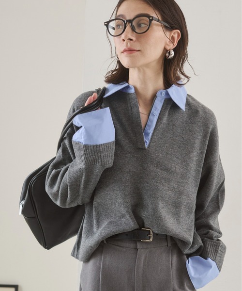 ANGIE（アンジー）の「シャツ襟 ドッキング　フェイクレイヤード ニット トップス（ニット/セーター・レディース・グレー/ブラウン/ライトグレー/ネイビー/グレー系/ネイビー系/ブラウン系その他・FREE）」の15枚目の写真