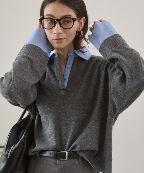 ANGIE（アンジー）の「シャツ襟 ドッキング　フェイクレイヤード ニット トップス（ニット/セーター・レディース・グレー/ブラウン/ライトグレー/ネイビー/グレー系/ネイビー系/ブラウン系その他・FREE）」の18枚目の写真