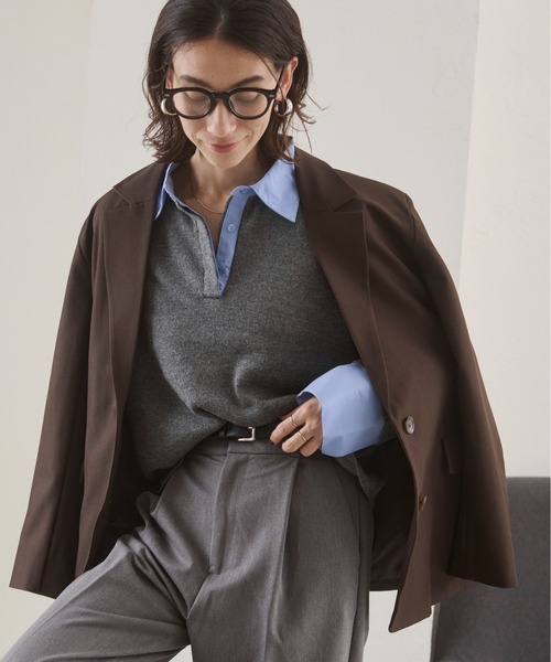 ANGIE（アンジー）の「シャツ襟 ドッキング　フェイクレイヤード ニット トップス（ニット/セーター・レディース・グレー/ブラウン/ライトグレー/ネイビー/グレー系/ネイビー系/ブラウン系その他・FREE）」の8枚目の写真