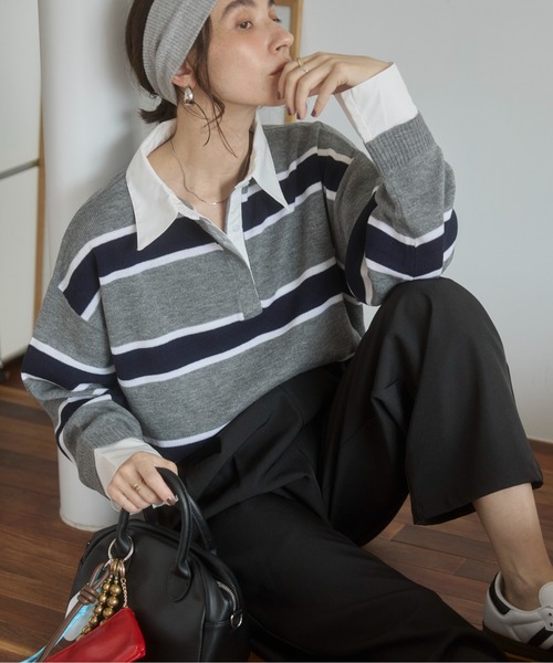 シャツ襟 ポロ襟 フェイクレイヤード ニット トップス（ニット