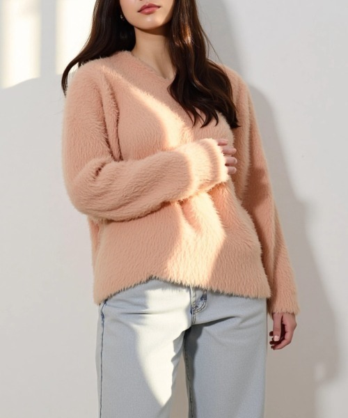 cammie(キャミー)の「Vネックシャギーニットトップス(ニット/セーター・レディース・ピンク系その他/サックスブルー/オフホワイト・F)」の3枚目の写真