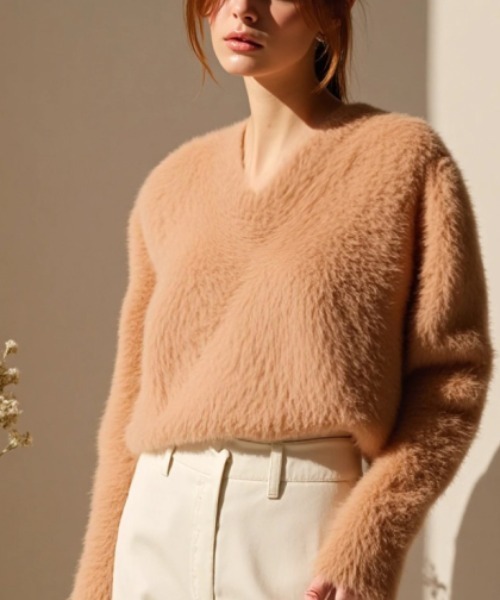 cammie(キャミー)の「Vネックシャギーニットトップス(ニット/セーター・レディース・ピンク系その他/サックスブルー/オフホワイト・F)」の6枚目の写真