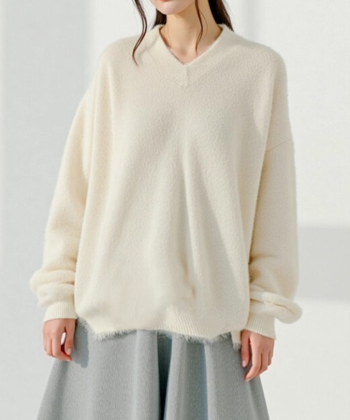 cammie(キャミー)の「Vネックシャギーニットトップス(ニット/セーター・レディース・ピンク系その他/サックスブルー/オフホワイト・F)」の10枚目の写真