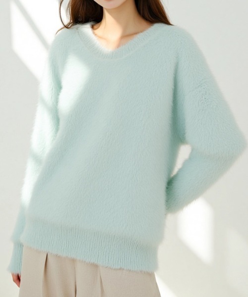 cammie(キャミー)の「Vネックシャギーニットトップス(ニット/セーター・レディース・ピンク系その他/サックスブルー/オフホワイト・F)」の14枚目の写真