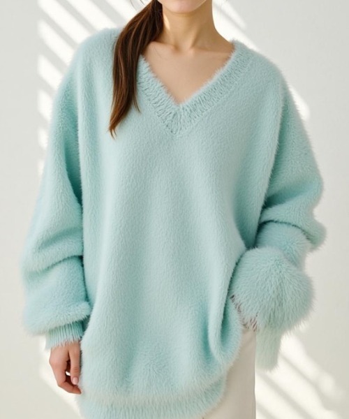 cammie(キャミー)の「Vネックシャギーニットトップス(ニット/セーター・レディース・ピンク系その他/サックスブルー/オフホワイト・F)」の16枚目の写真