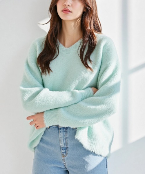 cammie(キャミー)の「Vネックシャギーニットトップス(ニット/セーター・レディース・ピンク系その他/サックスブルー/オフホワイト・F)」の17枚目の写真