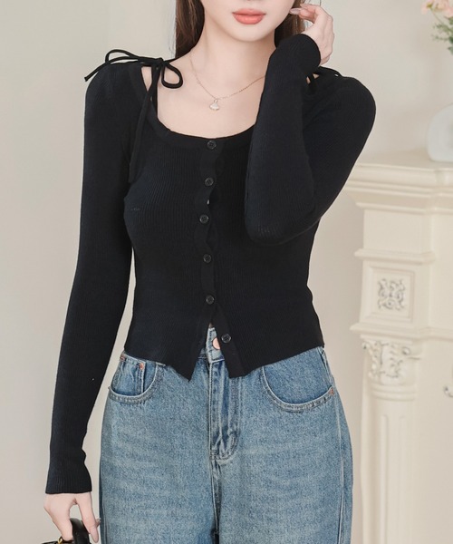 Anely(アネリー)の「クルーネック リボン ストラップ ニット カーディガン(カーディガン/ボレロ・レディース・アイボリー/ブラック・FREE)」の8枚目の写真