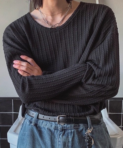 NOWLE(ノウル)の「【NOWLE】ケーブル編み風 立体リブ クルーネック ロンT(Tシャツ/カットソー・メンズ・ブラック・MEDIUM/LARGE/X-LARGE)」の3枚目の写真