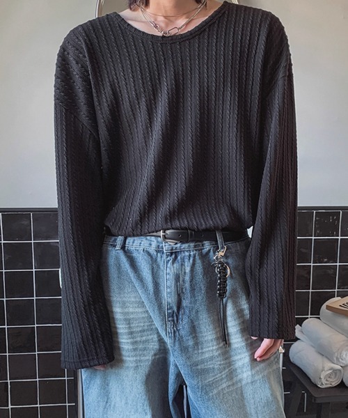 NOWLE(ノウル)の「【NOWLE】ケーブル編み風 立体リブ クルーネック ロンT(Tシャツ/カットソー・メンズ・ブラック・MEDIUM/LARGE/X-LARGE)」の16枚目の写真