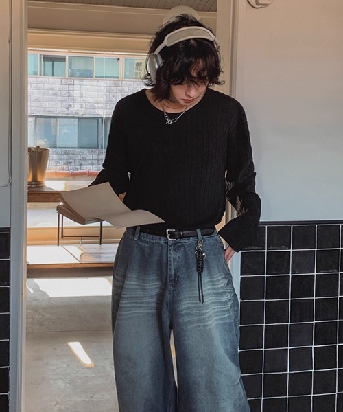 NOWLE(ノウル)の「【NOWLE】ケーブル編み風 立体リブ クルーネック ロンT(Tシャツ/カットソー・メンズ・ブラック・MEDIUM/LARGE/X-LARGE)」の18枚目の写真