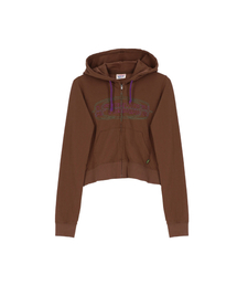 W CONTRAST STITCH ZIP HOODIE [BROWN]