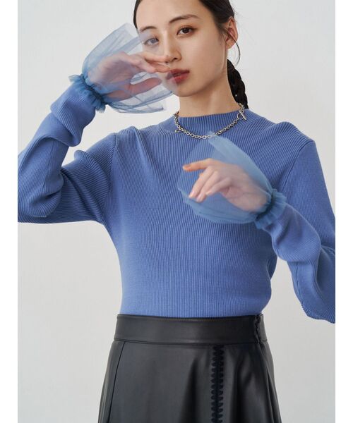 MURUA（ムルーア）の「チュールカフスリブニット（ニット/セーター・レディース・ホワイト/ミント/ブルー/ブラック・FREE）」の4枚目の写真