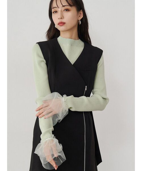 MURUA（ムルーア）の「チュールカフスリブニット（ニット/セーター・レディース・ホワイト/ミント/ブルー/ブラック・FREE）」の3枚目の写真