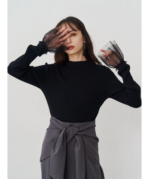 MURUA（ムルーア）の「チュールカフスリブニット（ニット/セーター・レディース・ホワイト/ミント/ブルー/ブラック・FREE）」の5枚目の写真