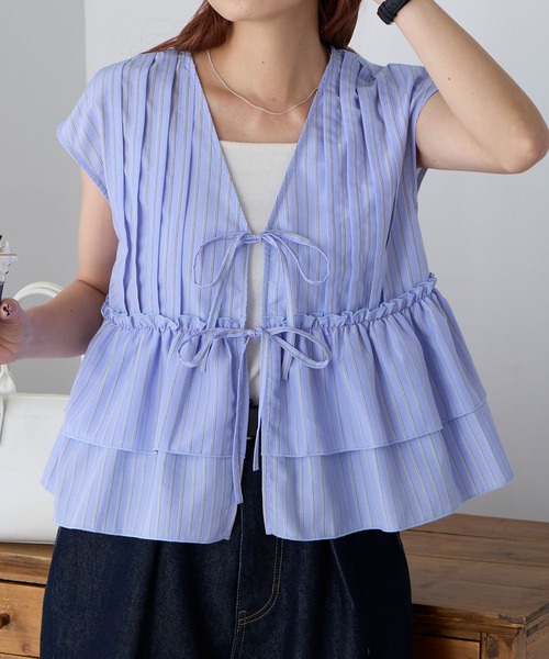 セール】【UVカット率97%】ライトシアーギャザーダブルリボンブラウス