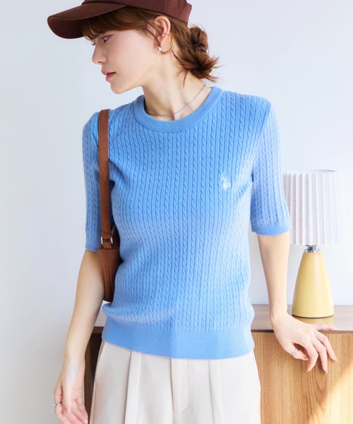 U.S. POLO ASSN.（ユーエスポロアッスン）の「【U.S. POLO ASSN./ユーエスポロアッスン】ロゴ刺繍 クルーネック 半袖 ケーブルニット（ニット/セーター・レディース・イエロー/ピンク/ネイビー系/オフホワイト/サックスブルー/ブラック系・M/L/LL）」の4枚目の写真