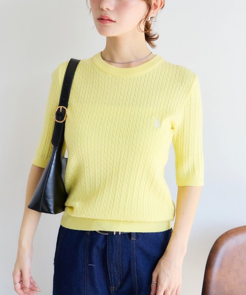 U.S. POLO ASSN.（ユーエスポロアッスン）の「【U.S. POLO ASSN./ユーエスポロアッスン】ロゴ刺繍 クルーネック 半袖 ケーブルニット（ニット/セーター・レディース・イエロー/ピンク/ネイビー系/オフホワイト/サックスブルー/ブラック系・M/L/LL）」の5枚目の写真