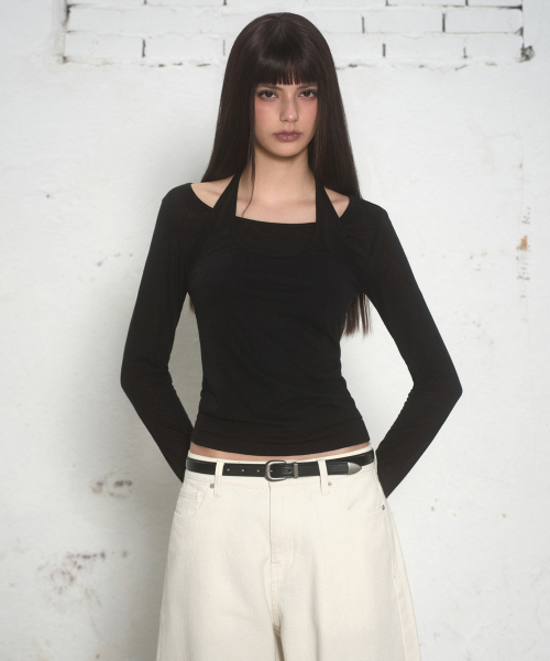 MUSINSA STANDARD WOMAN（ムシンサスタンダードウーマン）の「ウィメンズウールテンセルホルターレイヤード長袖Tシャツ[ブラック]（Tシャツ/カットソー・レディース・その他・X-SMALL/SMALL/MEDIUM/LARGE）」の3枚目の写真