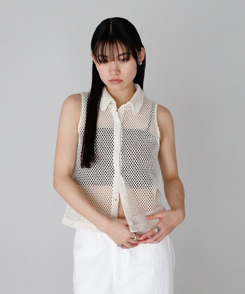polo mesh sleeveless tops / ポロ襟メッシュノースリトップス