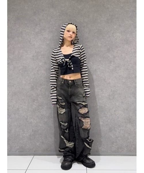 LAGUA GEM(ラグアジェム)の「BORDER HOODIE CUT ボレロ(カーディガン/ボレロ・レディース・ライトイエロー/グレー/ベージュ・FREE)」の11枚目の写真