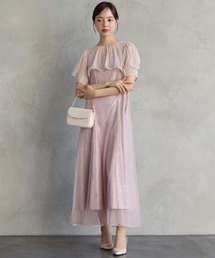 2WAYチュールショート丈ブラウス×ホイルドットキャミソールワンピース 2点セットパーティードレス 結婚式 お呼ばれ ドレス 20代 30代