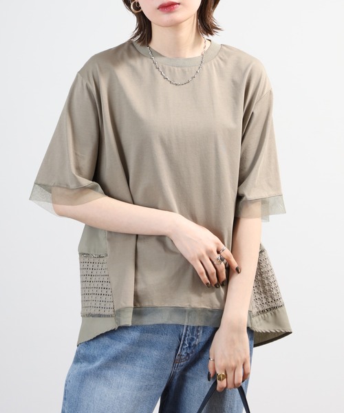 A.N.L(エーエヌエル レーベル)の「A.N.L レース切り替え オーバーサイズプルオーバー 半袖(Tシャツ/カットソー・レディース・ブラック/ブルー/モスグリーン・38)」の1枚目の写真