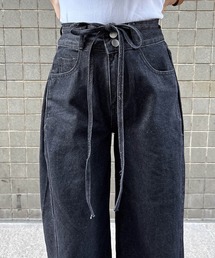 ウエストリボンブラックワイドデニム(comochi select) / サイドタック ダブルボタン ワイドパンツ ロング デニムパンツ ブラック 黒