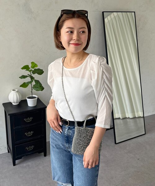 prose verse(プロズヴェール)の「【MOMO】パフスリーブシアーリブカットソー(Tシャツ/カットソー・レディース・ブラック/オフホワイト・LARGE/MEDIUM)」の2枚目の写真