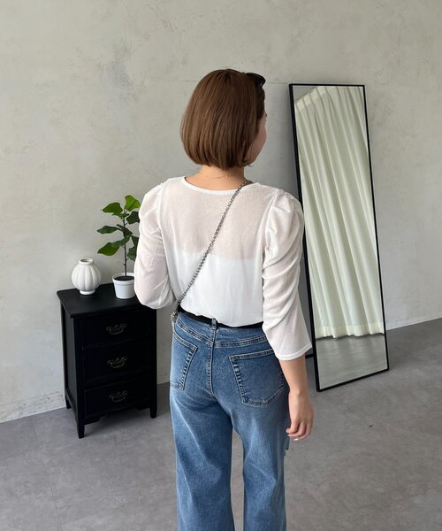 prose verse(プロズヴェール)の「【MOMO】パフスリーブシアーリブカットソー(Tシャツ/カットソー・レディース・ブラック/オフホワイト・LARGE/MEDIUM)」の4枚目の写真