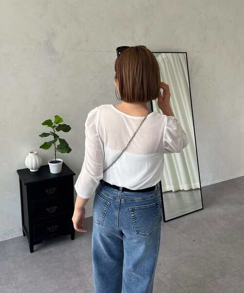 prose verse(プロズヴェール)の「【MOMO】パフスリーブシアーリブカットソー(Tシャツ/カットソー・レディース・ブラック/オフホワイト・LARGE/MEDIUM)」の5枚目の写真