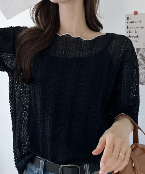 umune(ウムネ)の「サマーニット 5分袖 透かし編み メロウフリル クルーネック シアー 涼しい レイヤード風 カジュアル トップス 夏(ニット/セーター・レディース・ライトブルー/オフホワイト/ブラック・FREE)」の3枚目の写真