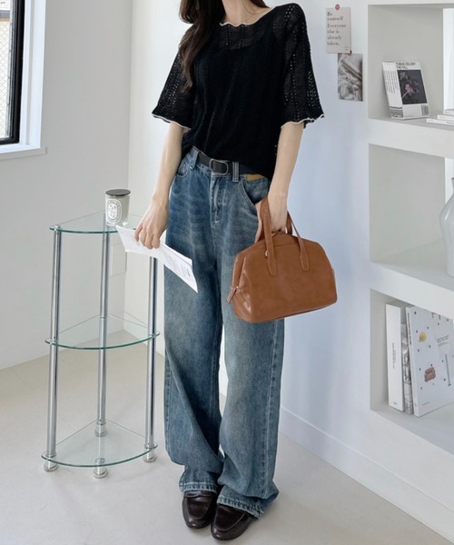 umune(ウムネ)の「サマーニット 5分袖 透かし編み メロウフリル クルーネック シアー 涼しい レイヤード風 カジュアル トップス 夏(ニット/セーター・レディース・ライトブルー/オフホワイト/ブラック・FREE)」の10枚目の写真