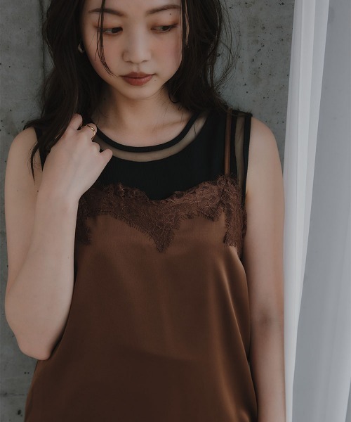 slattgir（スラットジール）の「高身長　サテンレースアシメキャミソールチュニック（トールサイズ）Essenave（キャミソール・レディース・ブラック/ブラウン・TM/TL/TLL/T3L）」の7枚目の写真