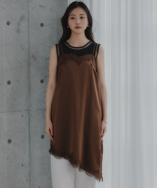 slattgir（スラットジール）の「高身長　サテンレースアシメキャミソールチュニック（トールサイズ）Essenave（キャミソール・レディース・ブラック/ブラウン・TM/TL/TLL/T3L）」の13枚目の写真