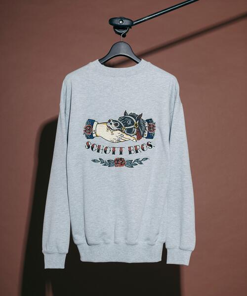 Schott(ショット)の「Schott/ショット/CREW SWEAT SHAKE HAND HORSE/クルースウェット シェイクハンドホース(スウェット・メンズ・グレー/ブラック/ブラウン・M/L/XL/2XL)」の3枚目の写真