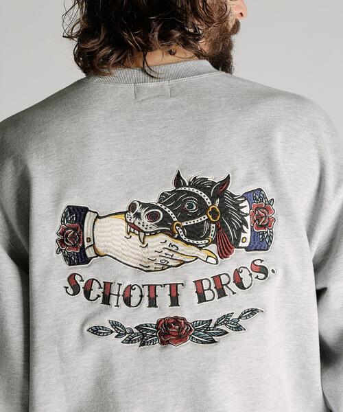 Schott(ショット)の「Schott/ショット/CREW SWEAT SHAKE HAND HORSE/クルースウェット シェイクハンドホース(スウェット・メンズ・グレー/ブラック/ブラウン・M/L/XL/2XL)」の12枚目の写真