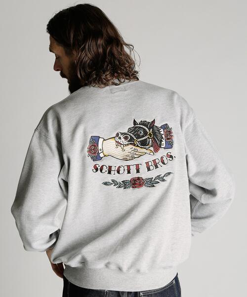 Schott(ショット)の「Schott/ショット/CREW SWEAT SHAKE HAND HORSE/クルースウェット シェイクハンドホース(スウェット・メンズ・グレー/ブラック/ブラウン・M/L/XL/2XL)」の13枚目の写真