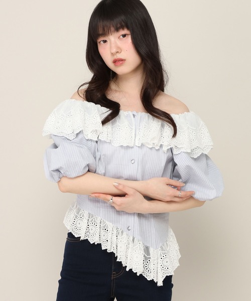 Heather(ヘザー)の「アシメヘムレーストリムブラウス(半袖) 696282(シャツ/ブラウス・レディース・ブルー系その他/ネイビー/アイボリー・FREE)」の3枚目の写真