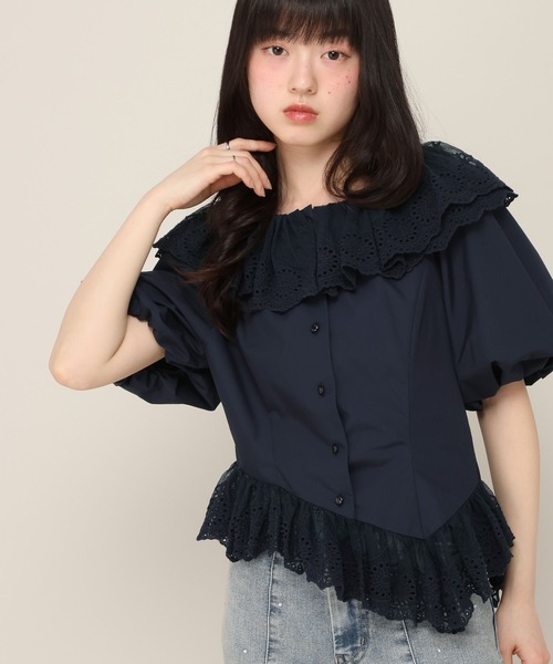 Heather(ヘザー)の「アシメヘムレーストリムブラウス(半袖) 696282(シャツ/ブラウス・レディース・ブルー系その他/ネイビー/アイボリー・FREE)」の2枚目の写真