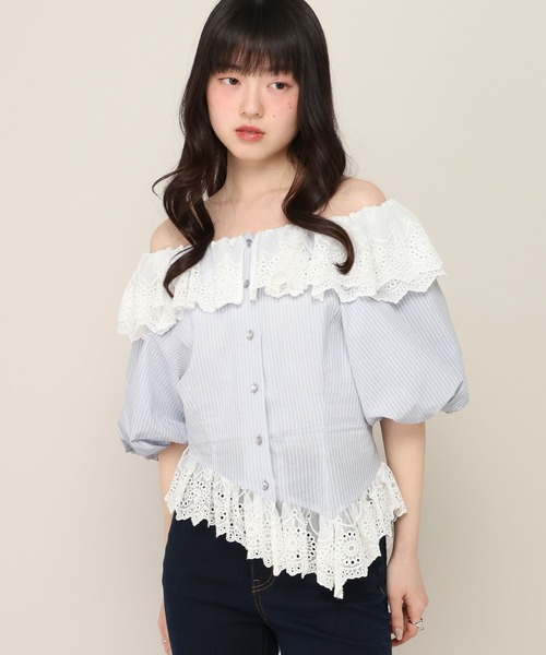 Heather(ヘザー)の「アシメヘムレーストリムブラウス(半袖) 696282(シャツ/ブラウス・レディース・ブルー系その他/ネイビー/アイボリー・FREE)」の4枚目の写真