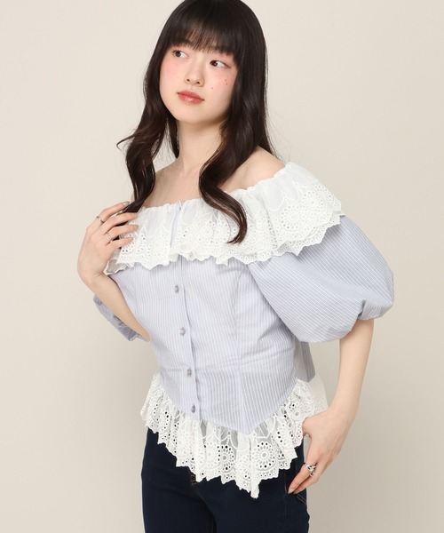 Heather(ヘザー)の「アシメヘムレーストリムブラウス(半袖) 696282(シャツ/ブラウス・レディース・ブルー系その他/ネイビー/アイボリー・FREE)」の5枚目の写真