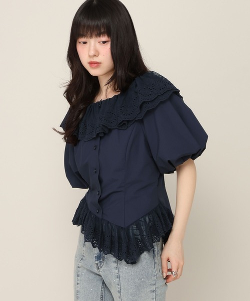 Heather(ヘザー)の「アシメヘムレーストリムブラウス(半袖) 696282(シャツ/ブラウス・レディース・ブルー系その他/ネイビー/アイボリー・FREE)」の14枚目の写真